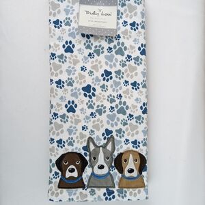Kitchen Towel Set Of Two (2) Dog Applique Heads Tails Paw Prints White Blue NWT